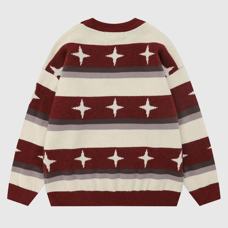 Style Core Aesthetics, New Style Trends Star Pattern Stripe Patchwork Pullover Style Core Aesthetics, New Style Trends Star Pattern Stripe Patchwork Pullover