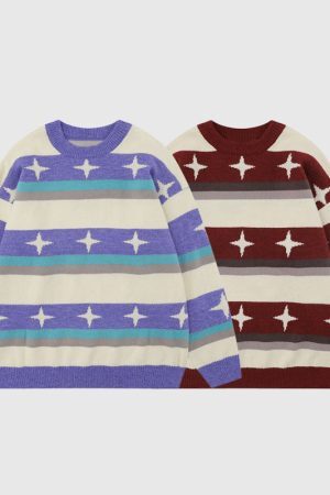 Style Core Aesthetics, New Style Trends Star Pattern Stripe Patchwork Pullover