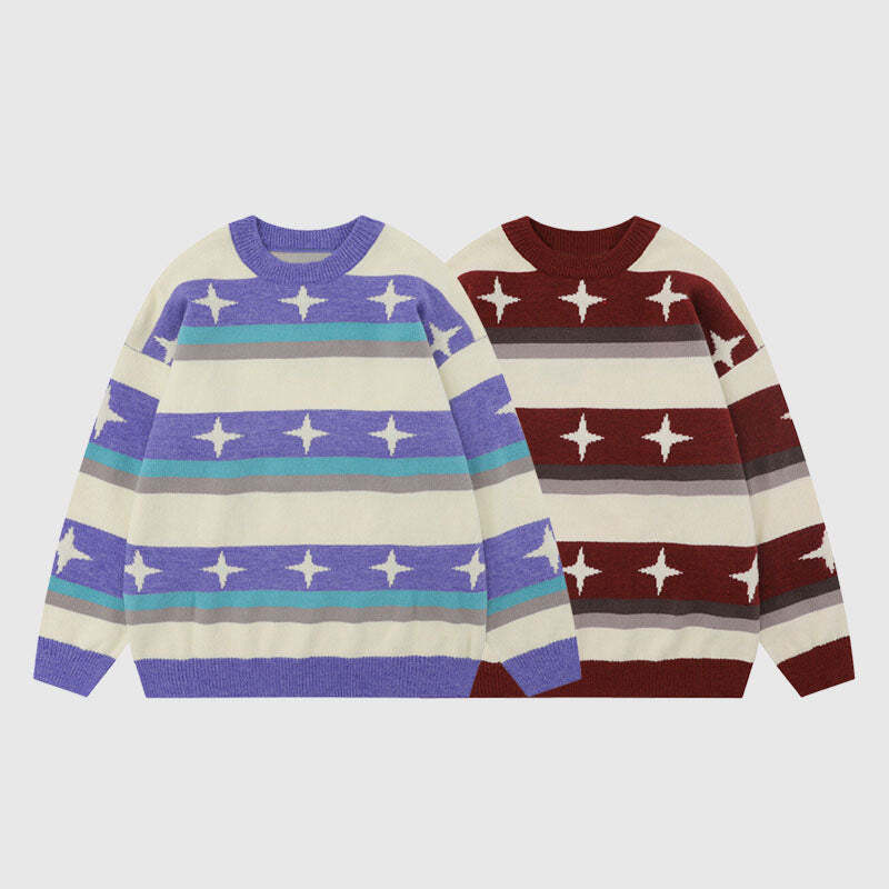 Style Core Aesthetics, New Style Trends Star Pattern Stripe Patchwork Pullover Style Core Aesthetics, New Style Trends Star Pattern Stripe Patchwork Pullover