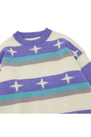 Style Core Aesthetics, New Style Trends Star Pattern Stripe Patchwork Pullover