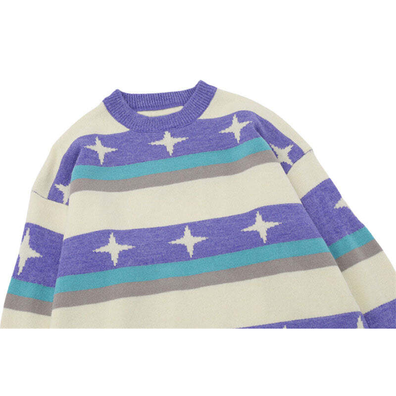 Style Core Aesthetics, New Style Trends Star Pattern Stripe Patchwork Pullover Style Core Aesthetics, New Style Trends Star Pattern Stripe Patchwork Pullover