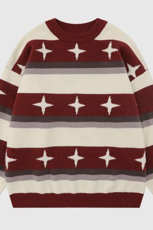 Style Core Aesthetics, New Style Trends Star Pattern Stripe Patchwork Pullover