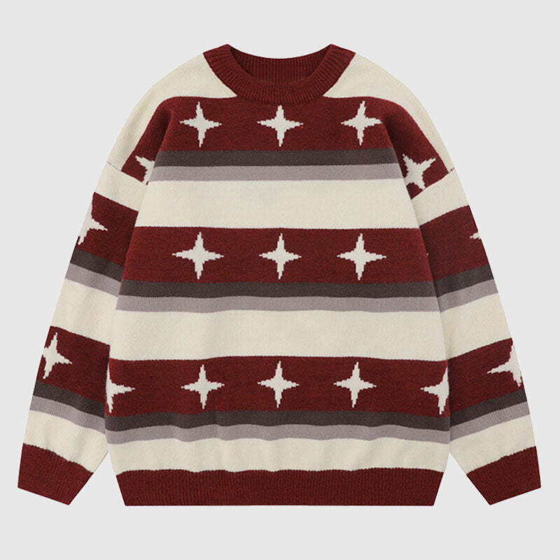 Style Core Aesthetics, New Style Trends Star Pattern Stripe Patchwork Pullover Style Core Aesthetics, New Style Trends Star Pattern Stripe Patchwork Pullover