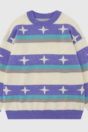 Style Core Aesthetics, New Style Trends Star Pattern Stripe Patchwork Pullover