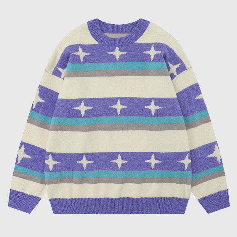 Style Core Aesthetics, New Style Trends Star Pattern Stripe Patchwork Pullover