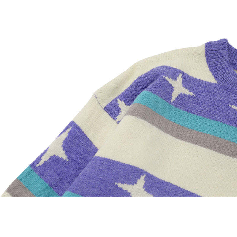 Style Core Aesthetics, New Style Trends Star Pattern Stripe Patchwork Pullover Style Core Aesthetics, New Style Trends Star Pattern Stripe Patchwork Pullover