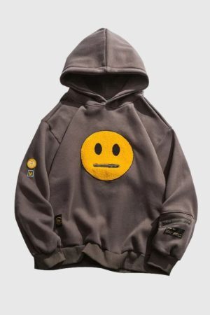Style Core Aesthetics, New Style Trends Street Style Smiley Face Patchwork Hoodie