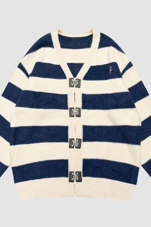 Style Core Aesthetics, New Style Trends Striped Buckle Closure Cardigan Sweater