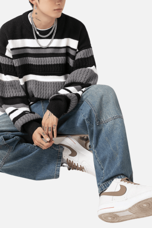 Style Core Aesthetics, New Style Trends Striped Cable Patchwork Design Pullover