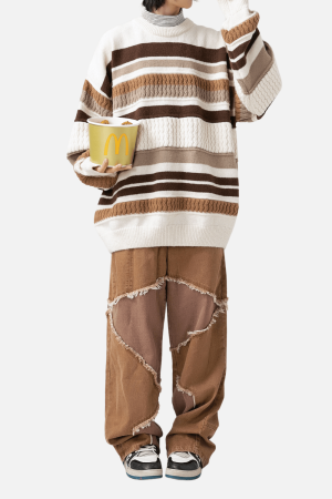 Style Core Aesthetics, New Style Trends Striped Cable Patchwork Design Pullover