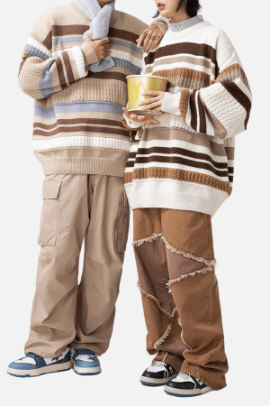 Style Core Aesthetics, New Style Trends Striped Cable Patchwork Design Pullover