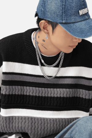 Style Core Aesthetics, New Style Trends Striped Cable Patchwork Design Pullover