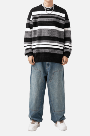 Style Core Aesthetics, New Style Trends Striped Cable Patchwork Design Pullover