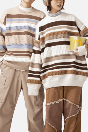 Style Core Aesthetics, New Style Trends Striped Cable Patchwork Design Pullover