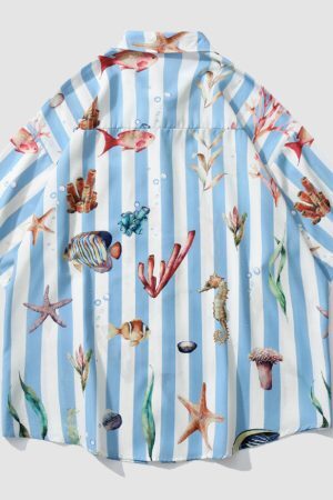 Style Core Aesthetics, New Style Trends Striped Fish Print Summer Shirt