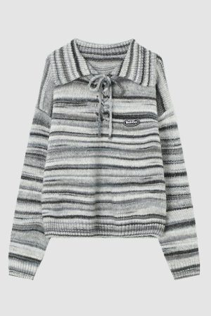 Style Core Aesthetics, New Style Trends Striped Lace Up Collared Sweater