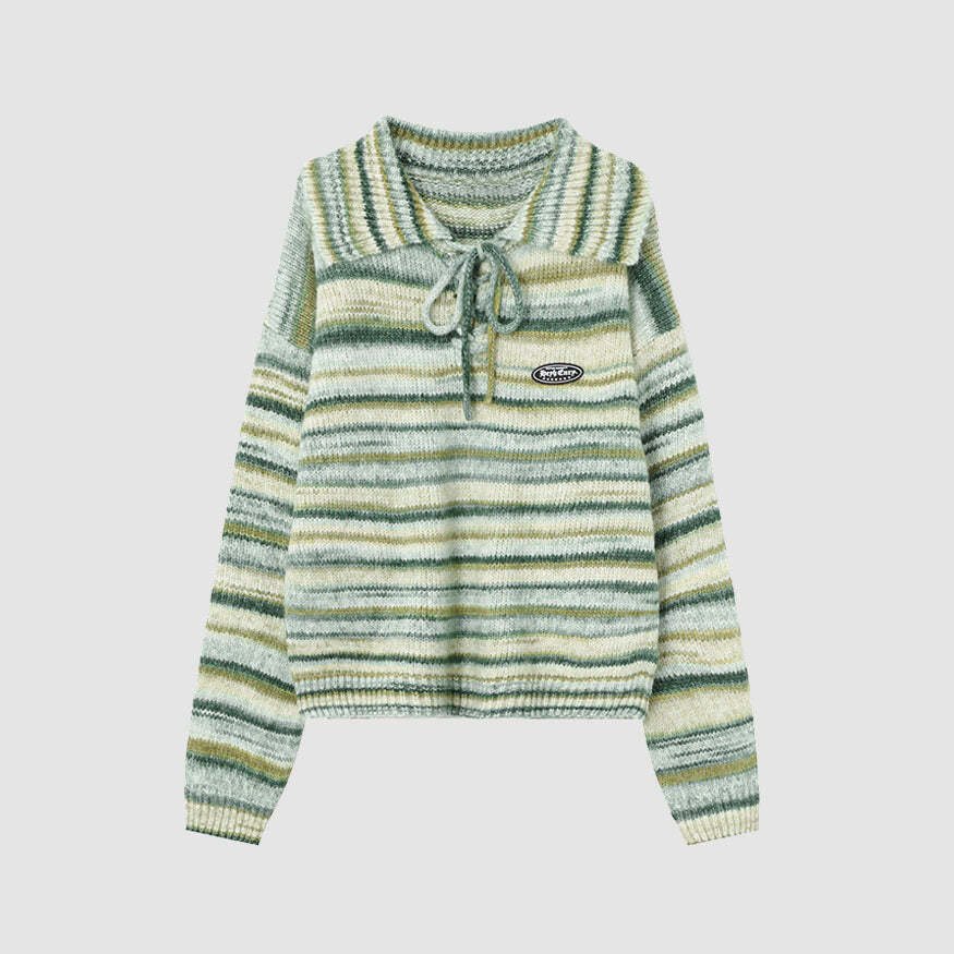 Style Core Aesthetics, New Style Trends Striped Lace Up Collared Sweater