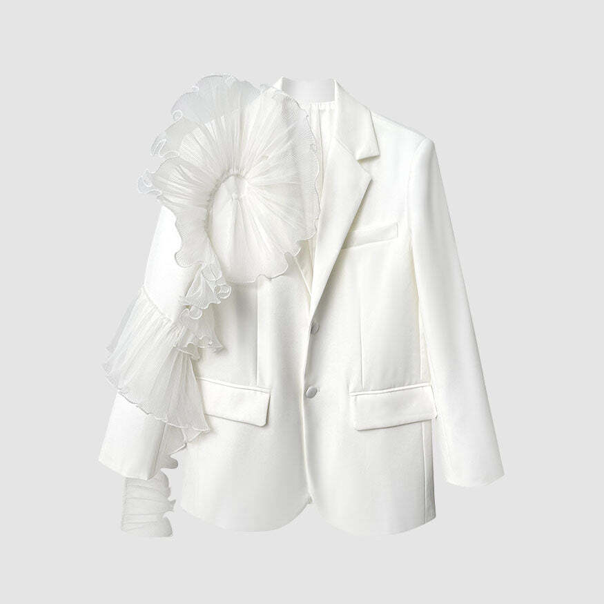 Style Core Aesthetics, New Style Trends Stylish Mesh Ruffle Decor Blazer Style Core Aesthetics, New Style Trends Stylish Mesh Ruffle Decor Blazer
