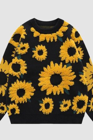 Style Core Aesthetics, New Style Trends Sunflower Pattern Embroidery Knit Sweater