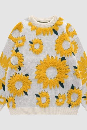 Style Core Aesthetics, New Style Trends Sunflower Pattern Embroidery Knit Sweater