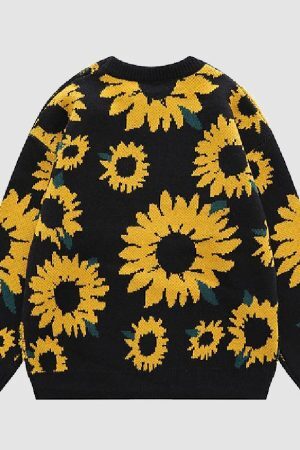Style Core Aesthetics, New Style Trends Sunflower Pattern Embroidery Knit Sweater