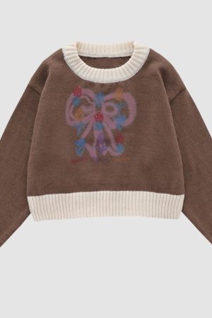 Style Core Aesthetics, New Style Trends Sweet Bow & Flower Print Cropped Sweater