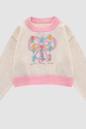 Style Core Aesthetics, New Style Trends Sweet Bow & Flower Print Cropped Sweater