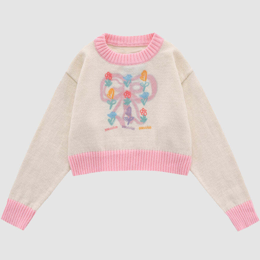 Style Core Aesthetics, New Style Trends Sweet Bow & Flower Print Cropped Sweater