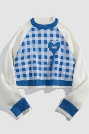 Style Core Aesthetics, New Style Trends Tassel Check Pattern Patchwork Cropped Sweater