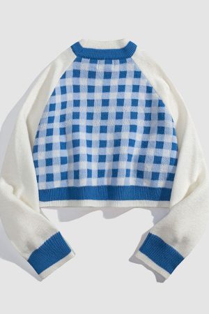 Style Core Aesthetics, New Style Trends Tassel Check Pattern Patchwork Cropped Sweater