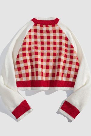 Style Core Aesthetics, New Style Trends Tassel Check Pattern Patchwork Cropped Sweater