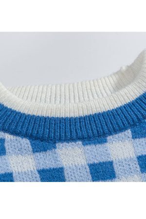 Style Core Aesthetics, New Style Trends Tassel Check Pattern Patchwork Cropped Sweater