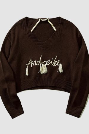 Style Core Aesthetics, New Style Trends Tassel Letter Embroidery Halter Neck Cropped Sweater