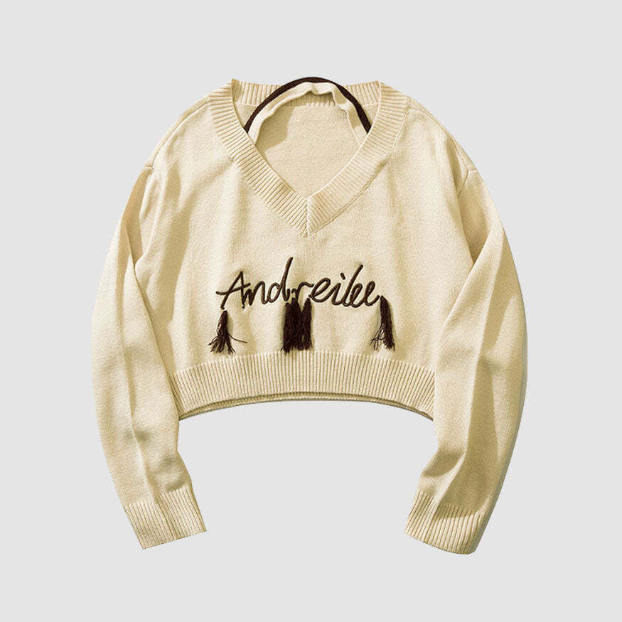 Style Core Aesthetics, New Style Trends Tassel Letter Embroidery Halter Neck Cropped Sweater