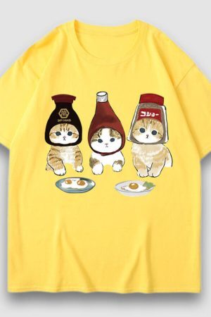 Style Core Aesthetics, New Style Trends Three Cat Cartoon Print Tee