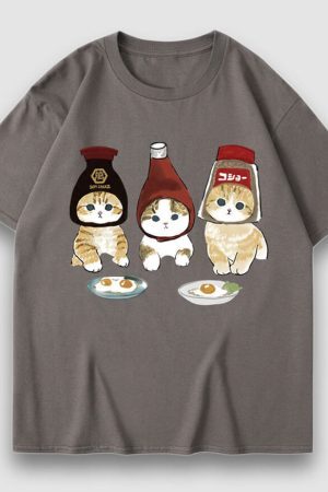 Style Core Aesthetics, New Style Trends Three Cat Cartoon Print Tee