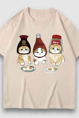 Style Core Aesthetics, New Style Trends Three Cat Cartoon Print Tee