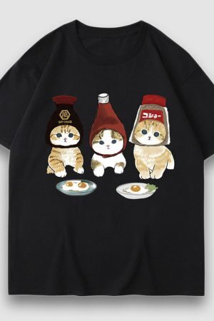 Style Core Aesthetics, New Style Trends Three Cat Cartoon Print Tee
