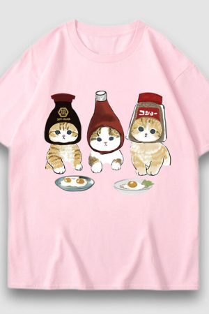 Style Core Aesthetics, New Style Trends Three Cat Cartoon Print Tee