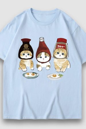 Style Core Aesthetics, New Style Trends Three Cat Cartoon Print Tee