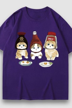Style Core Aesthetics, New Style Trends Three Cat Cartoon Print Tee