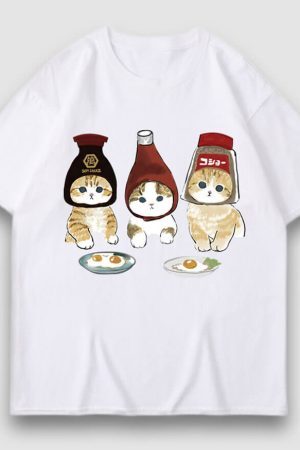 Style Core Aesthetics, New Style Trends Three Cat Cartoon Print Tee