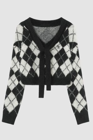 Style Core Aesthetics, New Style Trends Tie + Argyle Pattern Cropped Sweater