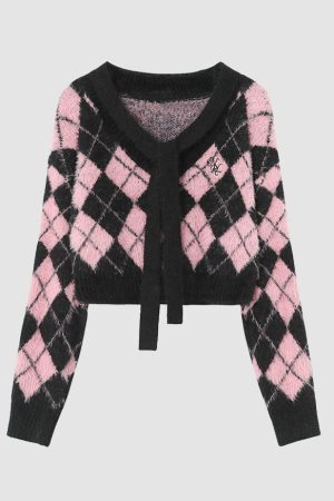 Style Core Aesthetics, New Style Trends Tie + Argyle Pattern Cropped Sweater