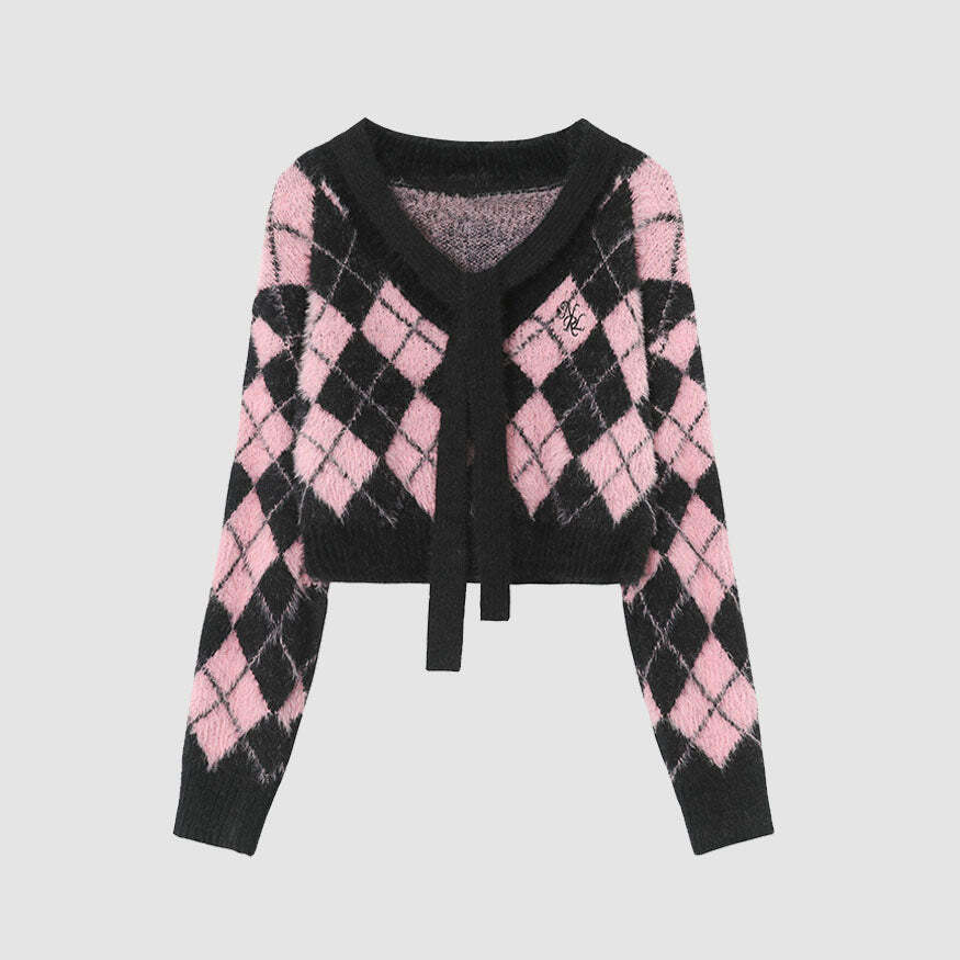 Style Core Aesthetics, New Style Trends Tie + Argyle Pattern Cropped Sweater