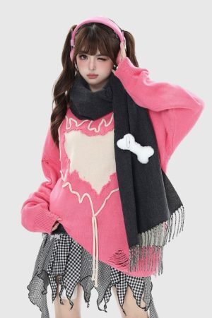 Style Core Aesthetics, New Style Trends Trendy Heart-Embossed Loose Knit Sweater