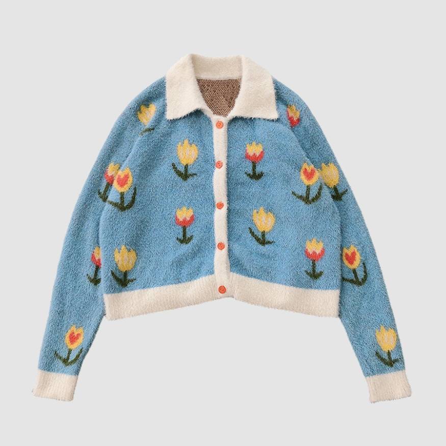 Style Core Aesthetics, New Style Trends Tulip Pattern Button Down Cardigan Sweater
