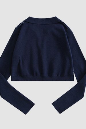 Style Core Aesthetics, New Style Trends Turndown Collar Butterfly Embroidery Cropped Sweater