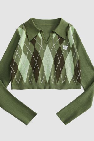 Style Core Aesthetics, New Style Trends Turndown Collar Butterfly Embroidery Cropped Sweater