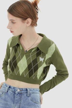 Style Core Aesthetics, New Style Trends Turndown Collar Butterfly Embroidery Cropped Sweater